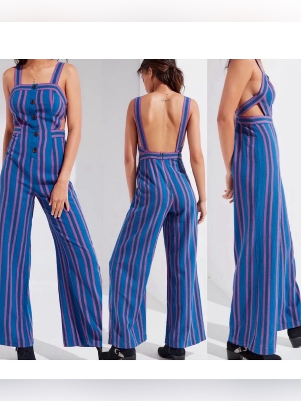 Urban Outfitters Blue and Pink Striped Button-Front Wide-Leg Jumpsuit